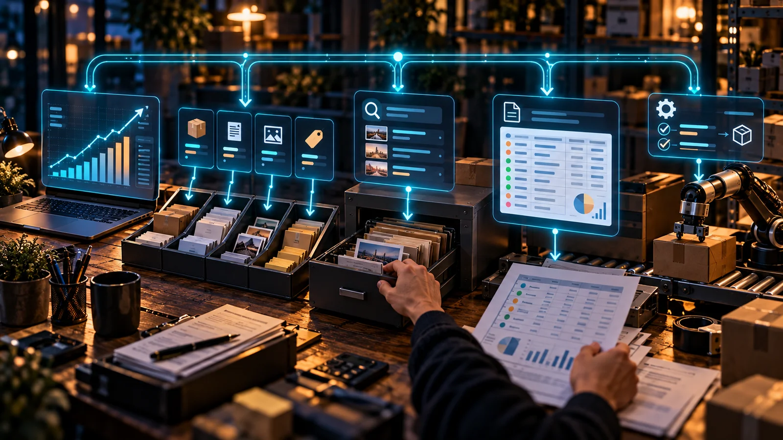 Pracovný stôl s dokumentmi a digitálnym pracovným postupom